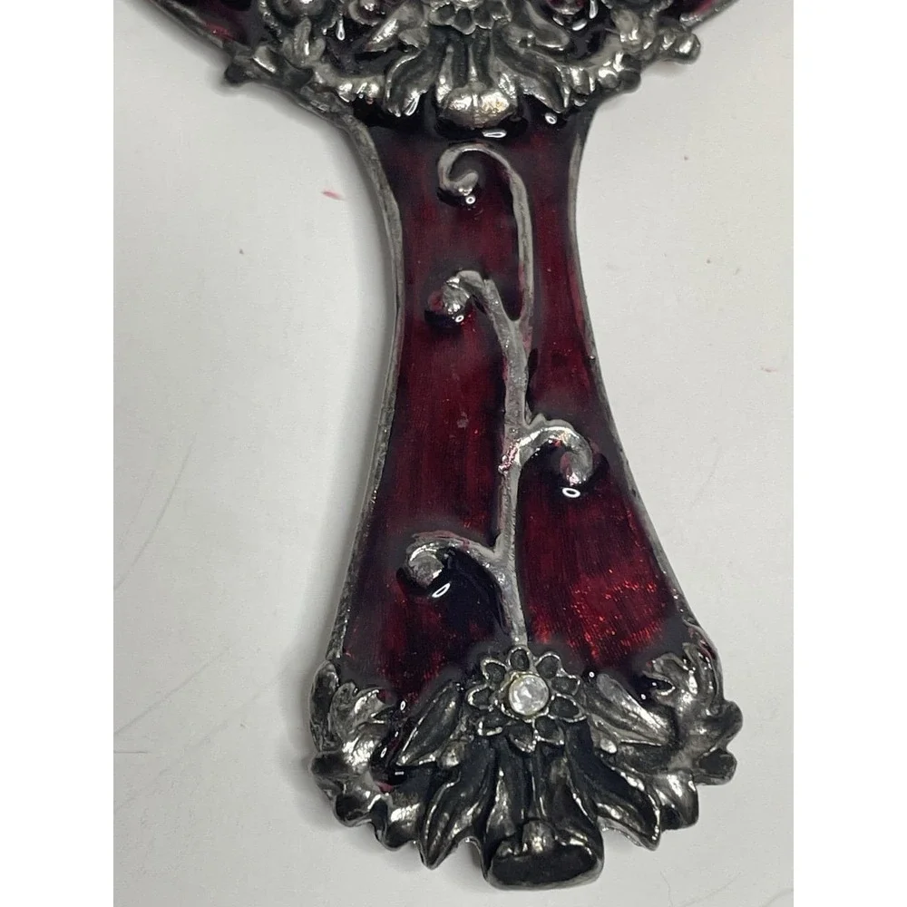 Hand Mirror w/  Coronet Bows Wreath Red Enamel Metal Heavy 5.5